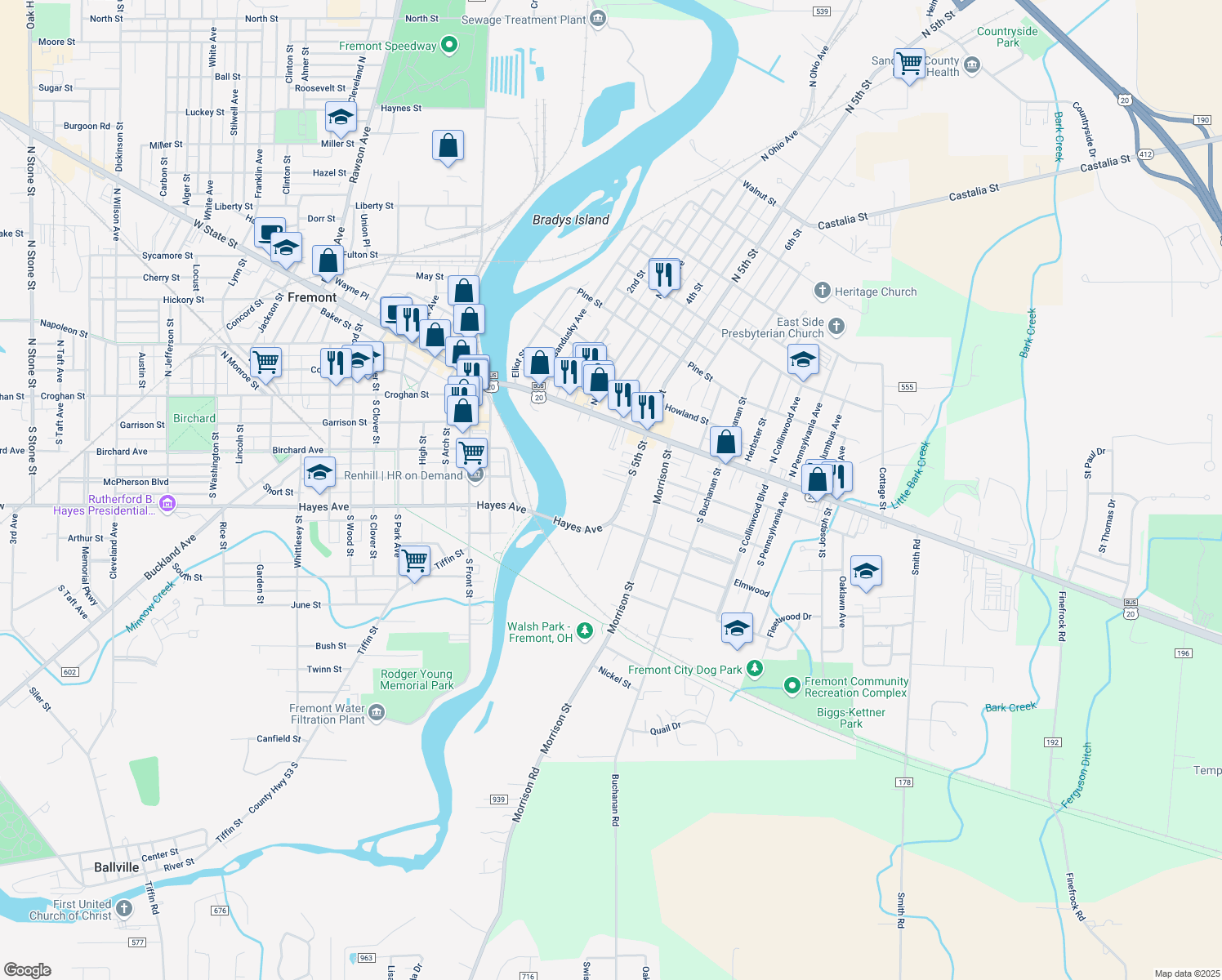 map of restaurants, bars, coffee shops, grocery stores, and more near 521 Fuller St in Fremont