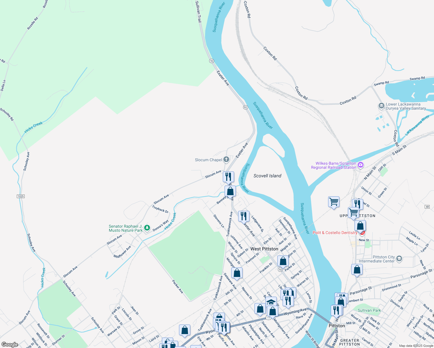 map of restaurants, bars, coffee shops, grocery stores, and more near 5 Slocum Avenue in Exeter