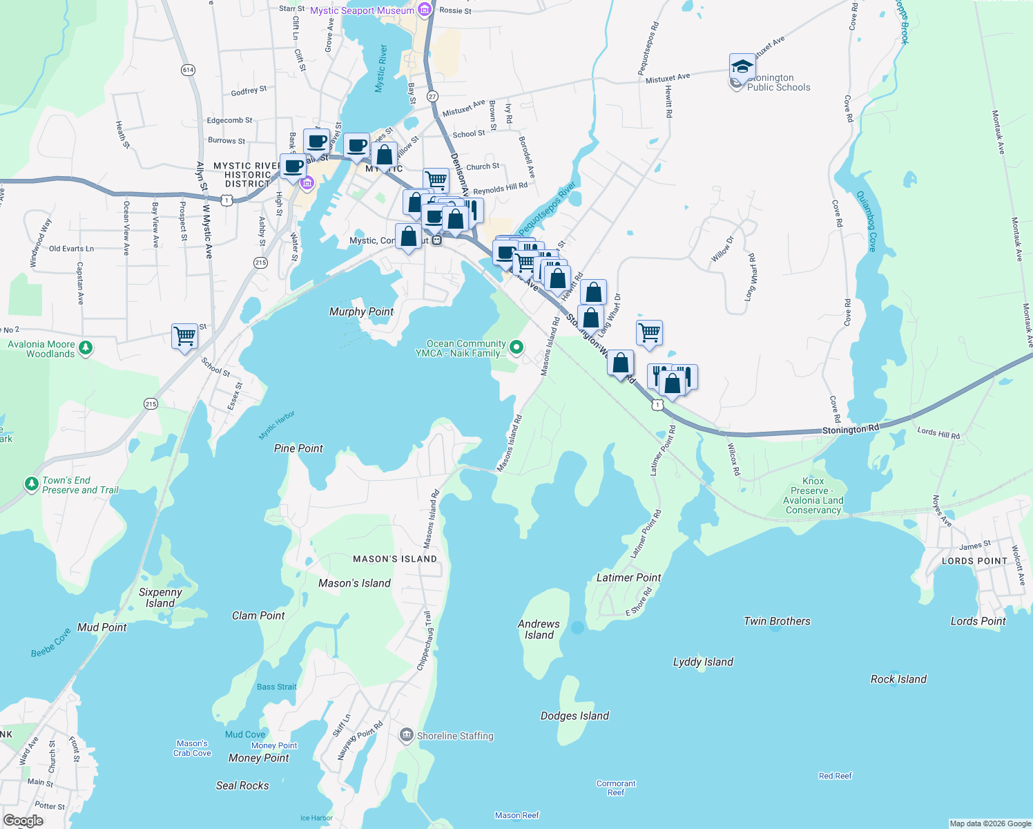 map of restaurants, bars, coffee shops, grocery stores, and more near 76 Masons Island Road in Stonington