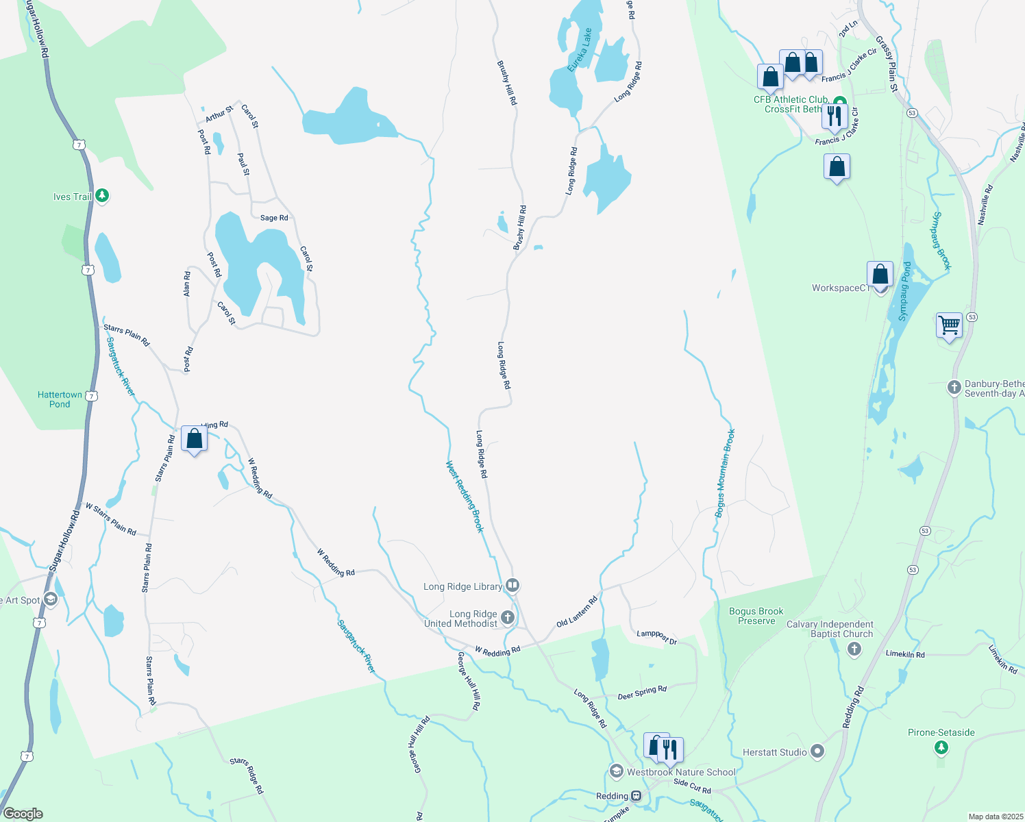 map of restaurants, bars, coffee shops, grocery stores, and more near 142 Long Ridge Road in Danbury