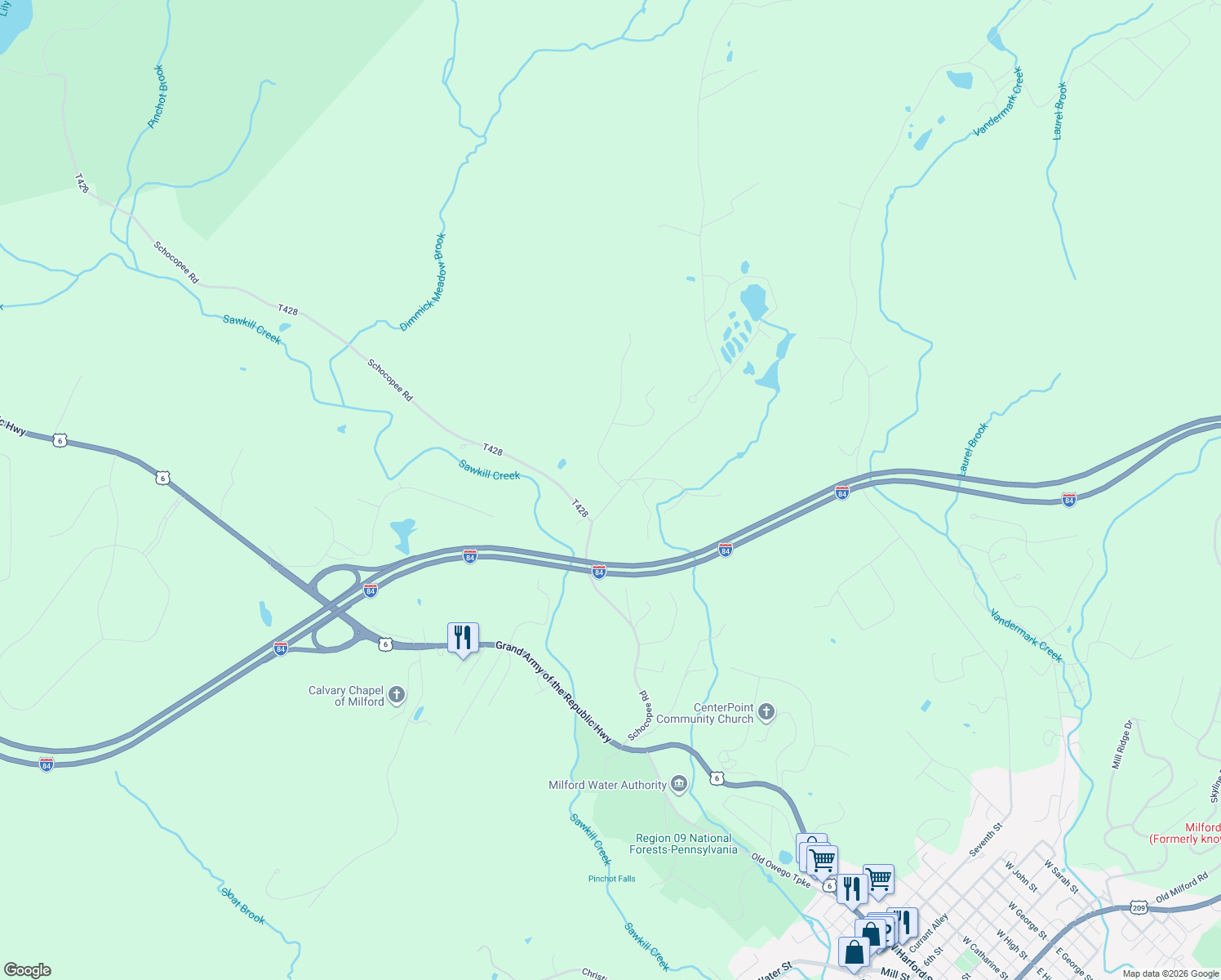 map of restaurants, bars, coffee shops, grocery stores, and more near 103 School House Dr in Milford