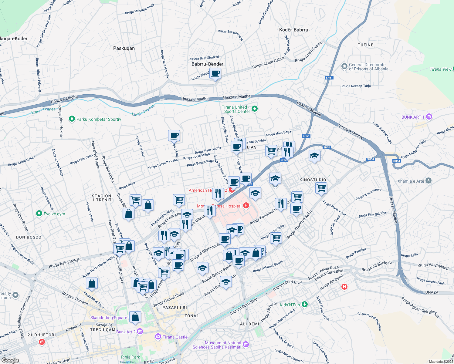 map of restaurants, bars, coffee shops, grocery stores, and more near Rruga Selaudin Zorba in Tirana