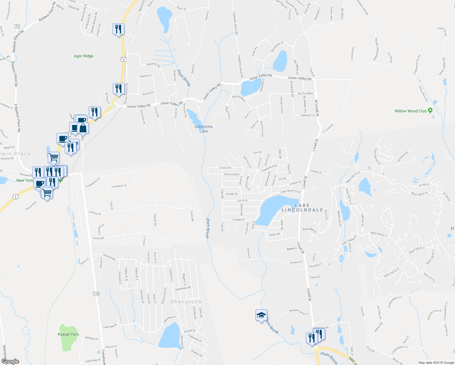 map of restaurants, bars, coffee shops, grocery stores, and more near 9 Cottonwood Drive in Lincolndale