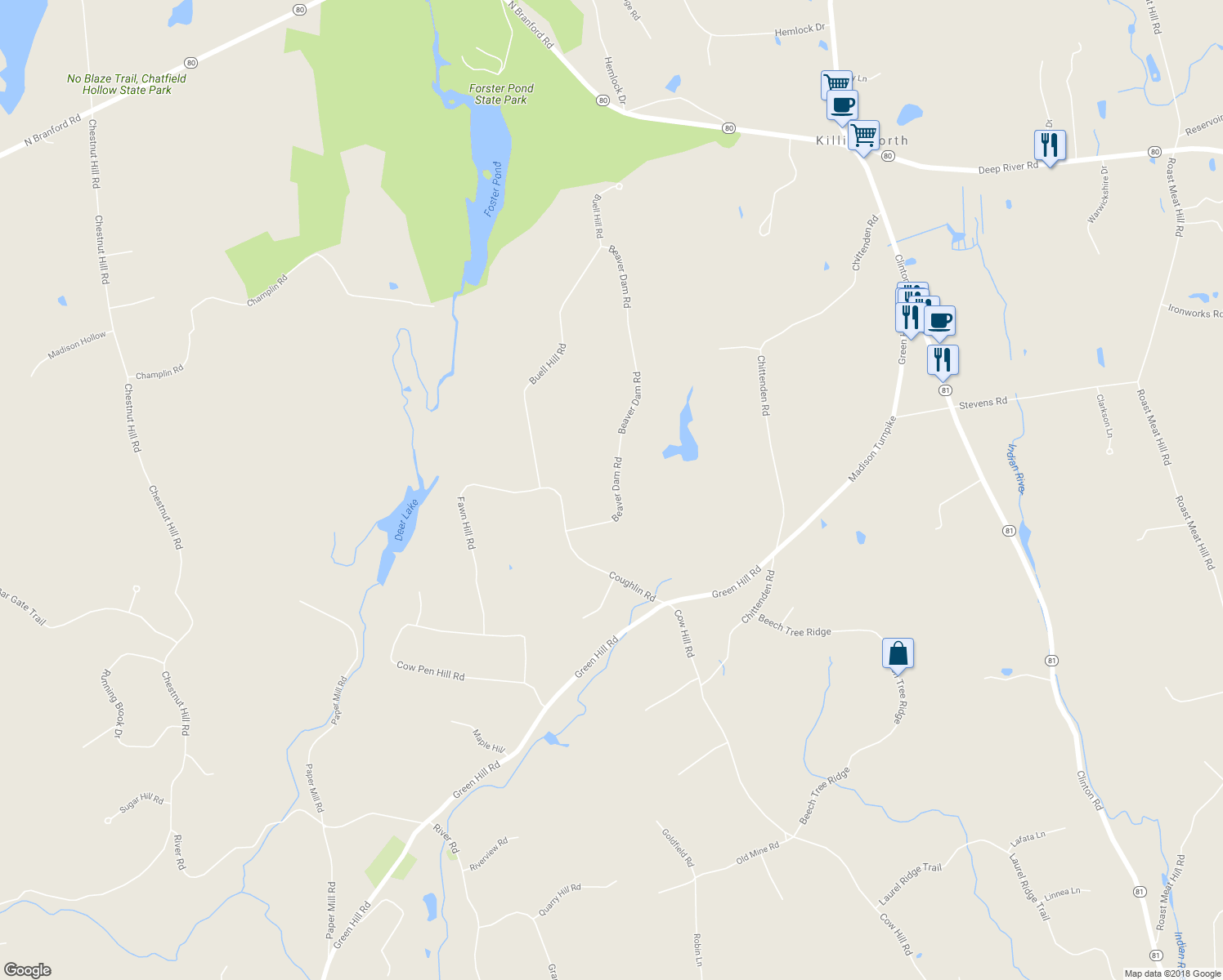 map of restaurants, bars, coffee shops, grocery stores, and more near 59 Beaver Dam Road in Killingworth
