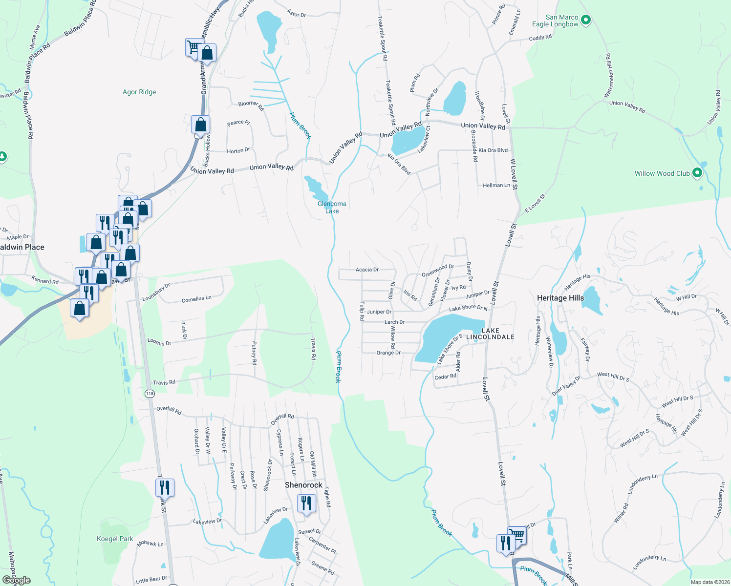 map of restaurants, bars, coffee shops, grocery stores, and more near 9 Cottonwood Drive in Lincolndale