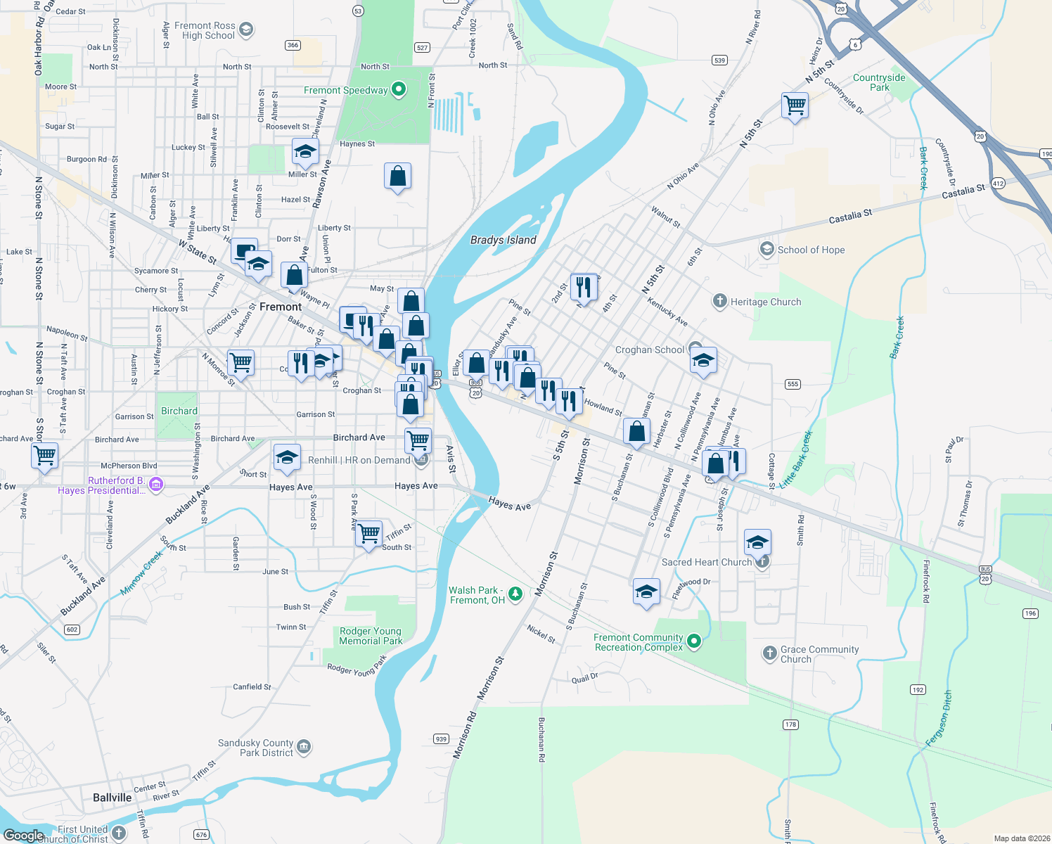 map of restaurants, bars, coffee shops, grocery stores, and more near 407 East State Street in Fremont