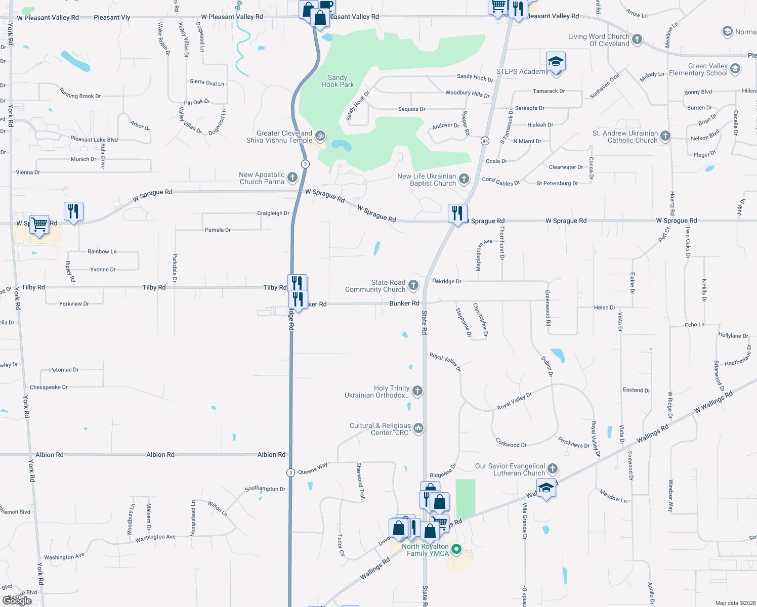 map of restaurants, bars, coffee shops, grocery stores, and more near 6030 Bunker Rd in North Royalton