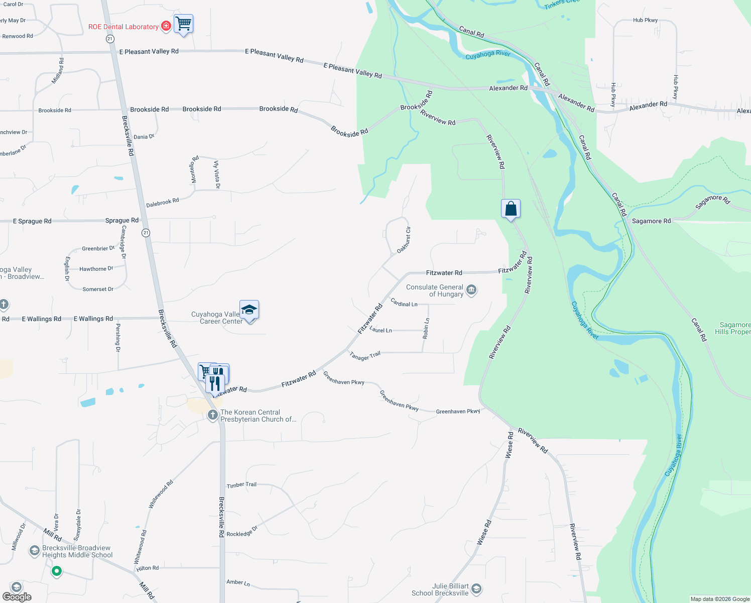 map of restaurants, bars, coffee shops, grocery stores, and more near 10303 Fitzwater Road in Brecksville