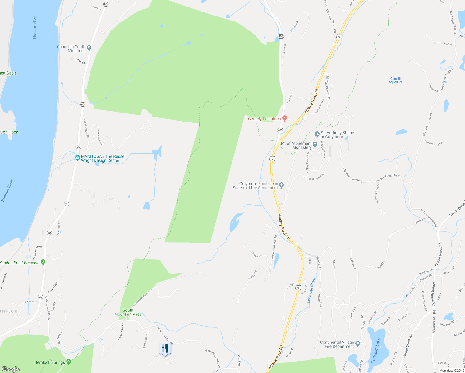 map of restaurants, bars, coffee shops, grocery stores, and more near 19 Twin Bridges Road in Garrison