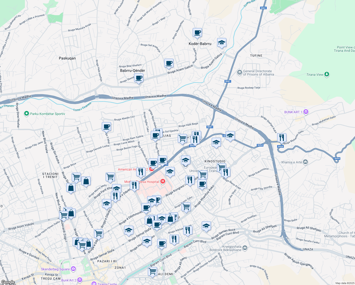 map of restaurants, bars, coffee shops, grocery stores, and more near Rruga Ilia Xhokaxhi in Tirana