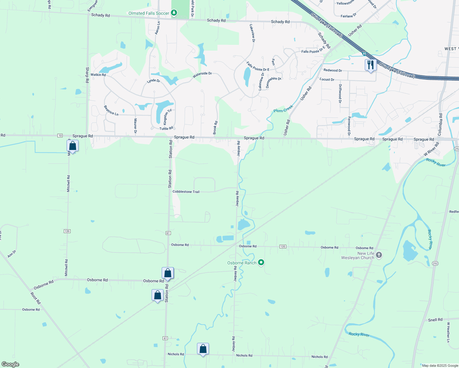 map of restaurants, bars, coffee shops, grocery stores, and more near 26038 Cobblestone Trail in Columbia Station