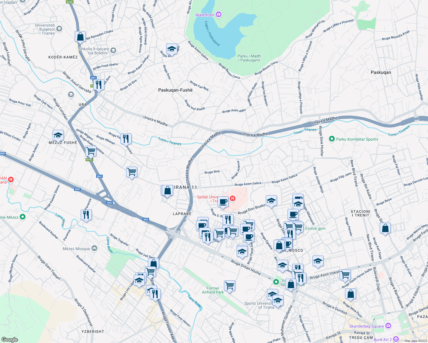 map of restaurants, bars, coffee shops, grocery stores, and more near Rruga Iliria in Tiranë
