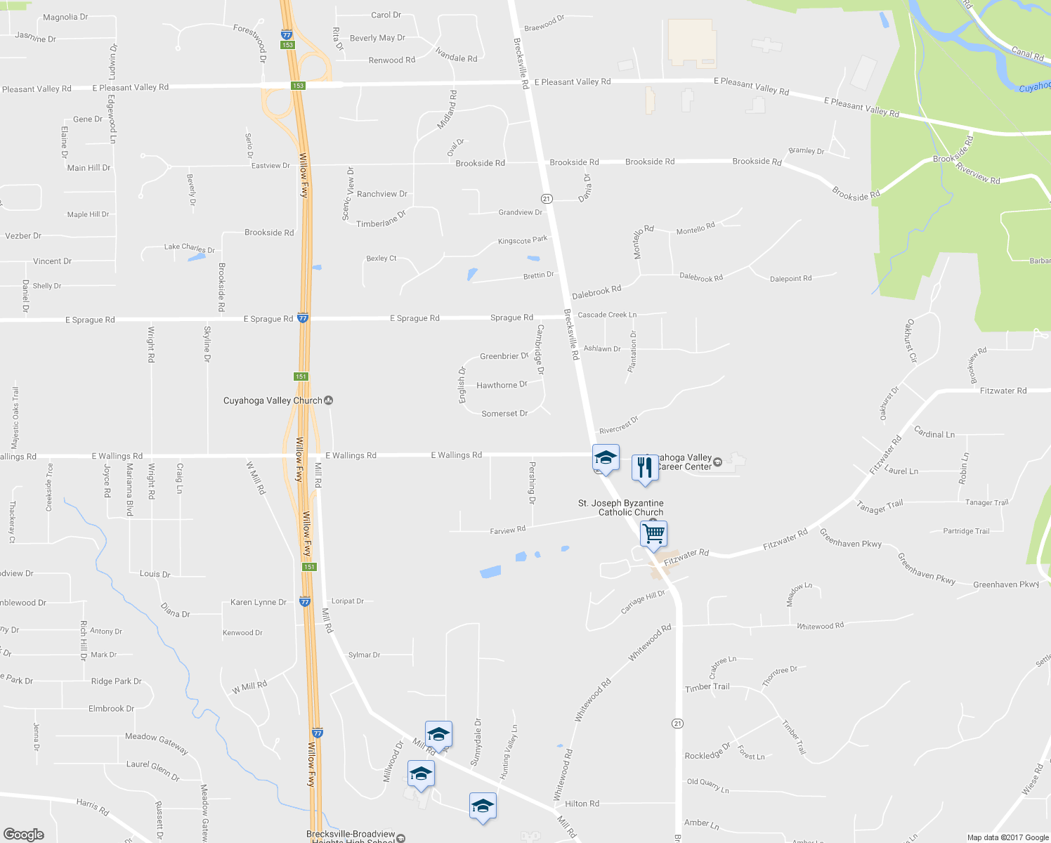 map of restaurants, bars, coffee shops, grocery stores, and more near 6814 Somerset Drive in Brecksville