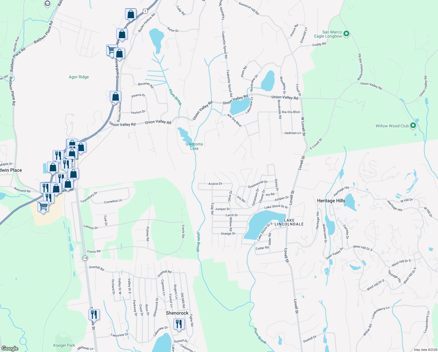 map of restaurants, bars, coffee shops, grocery stores, and more near 12 Peach Road in Mahopac