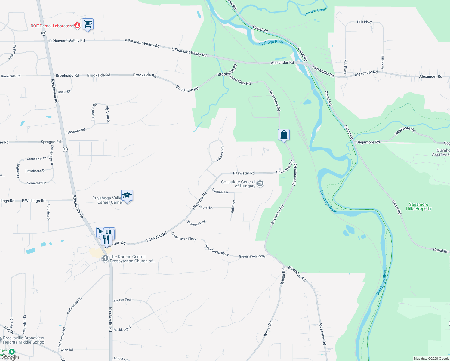 map of restaurants, bars, coffee shops, grocery stores, and more near 10708 Fitzwater Road in Brecksville