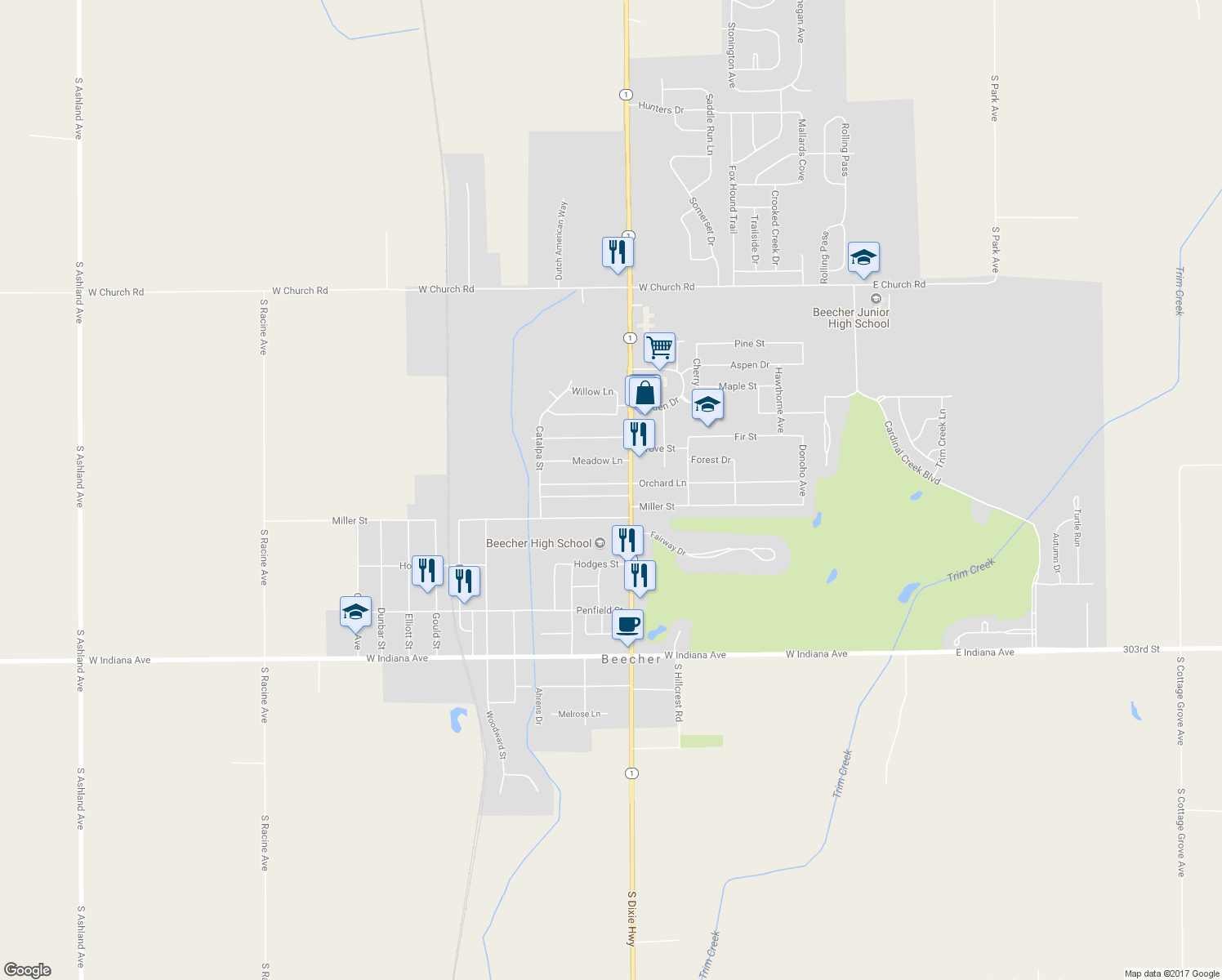 map of restaurants, bars, coffee shops, grocery stores, and more near 522 Orchard Lane in Beecher