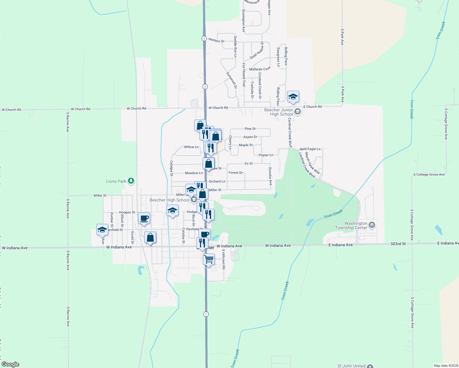 map of restaurants, bars, coffee shops, grocery stores, and more near 352 Orchard Ln in Beecher