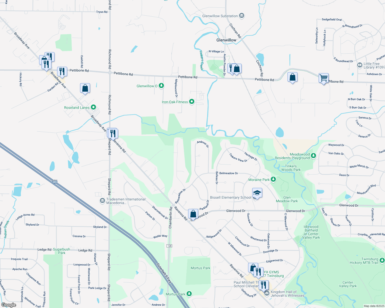 map of restaurants, bars, coffee shops, grocery stores, and more near 10180 Andover Drive in Twinsburg