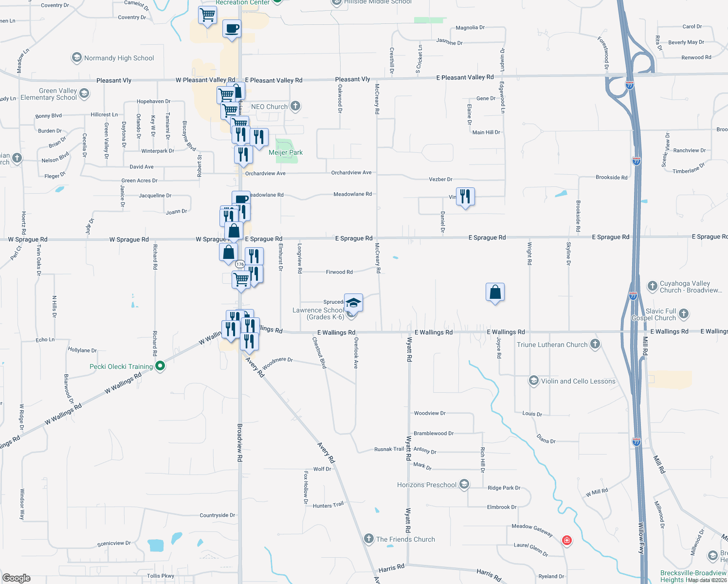 map of restaurants, bars, coffee shops, grocery stores, and more near 1417 Sprucedale Road in Broadview Heights