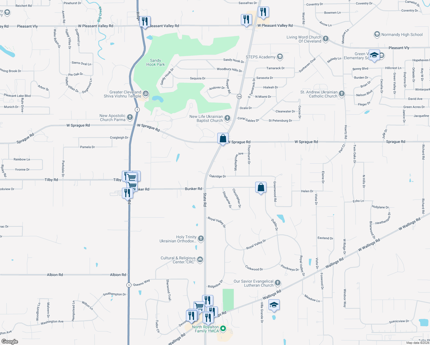 map of restaurants, bars, coffee shops, grocery stores, and more near 5252 Oakridge Dr in North Royalton