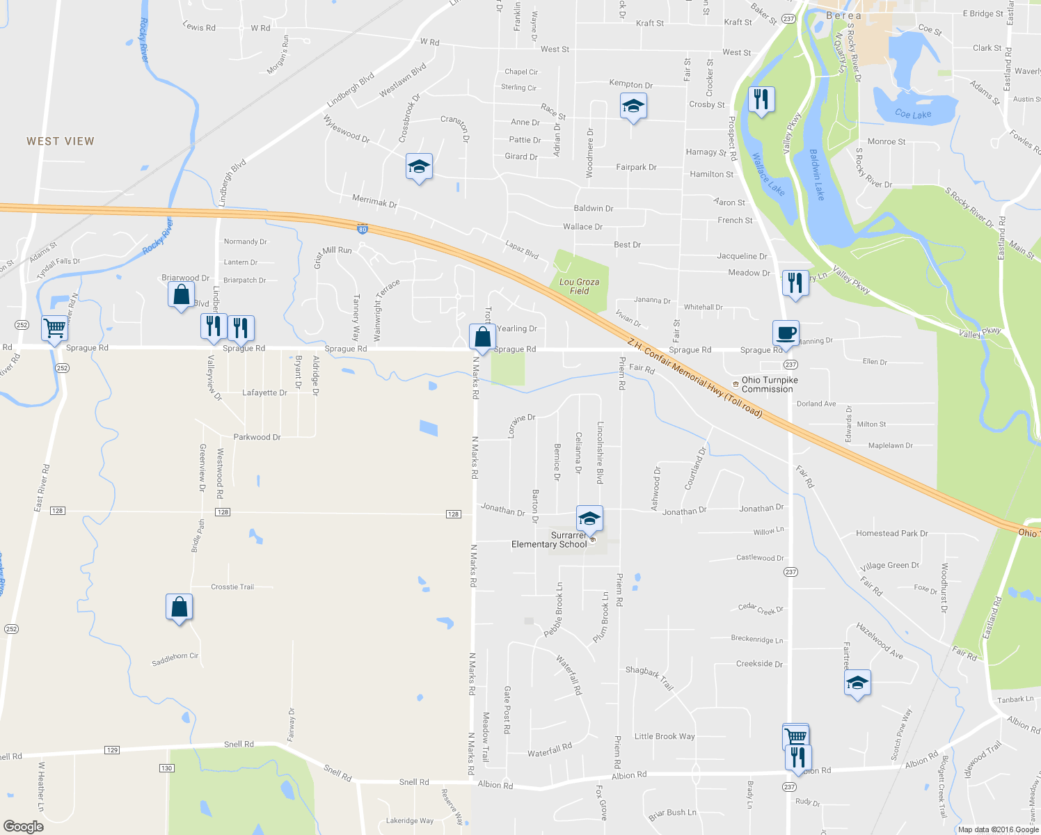 map of restaurants, bars, coffee shops, grocery stores, and more near 22738 Lorraine Drive in Strongsville