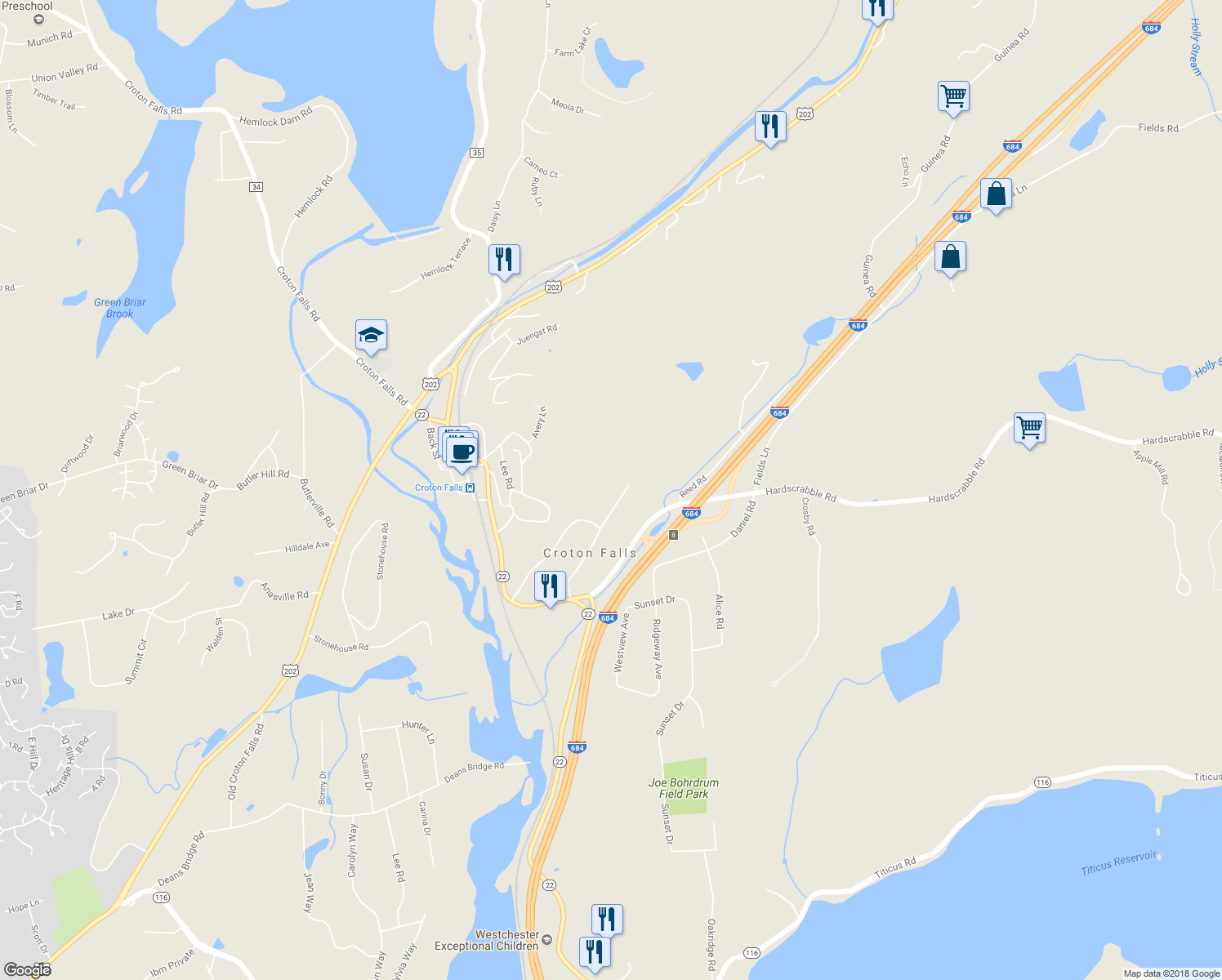 map of restaurants, bars, coffee shops, grocery stores, and more near 18 Sun Valley Drive in North Salem