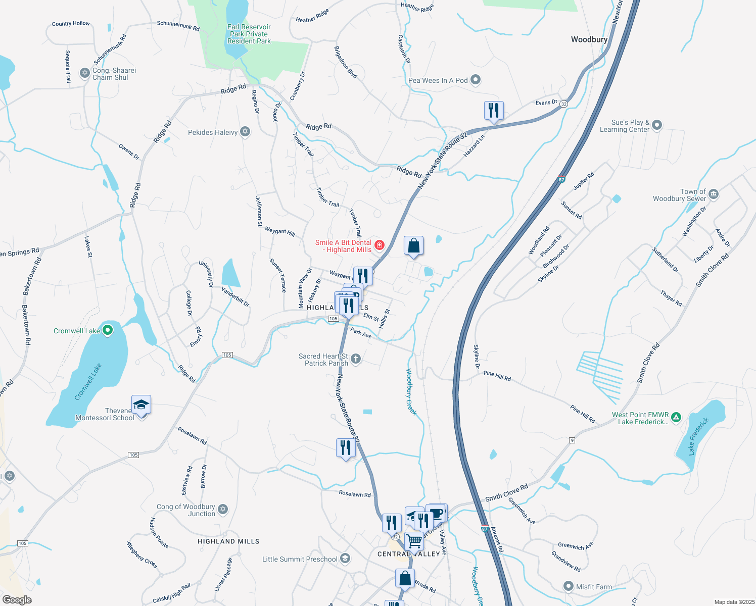 map of restaurants, bars, coffee shops, grocery stores, and more near 9 Tracie Lane in Woodbury