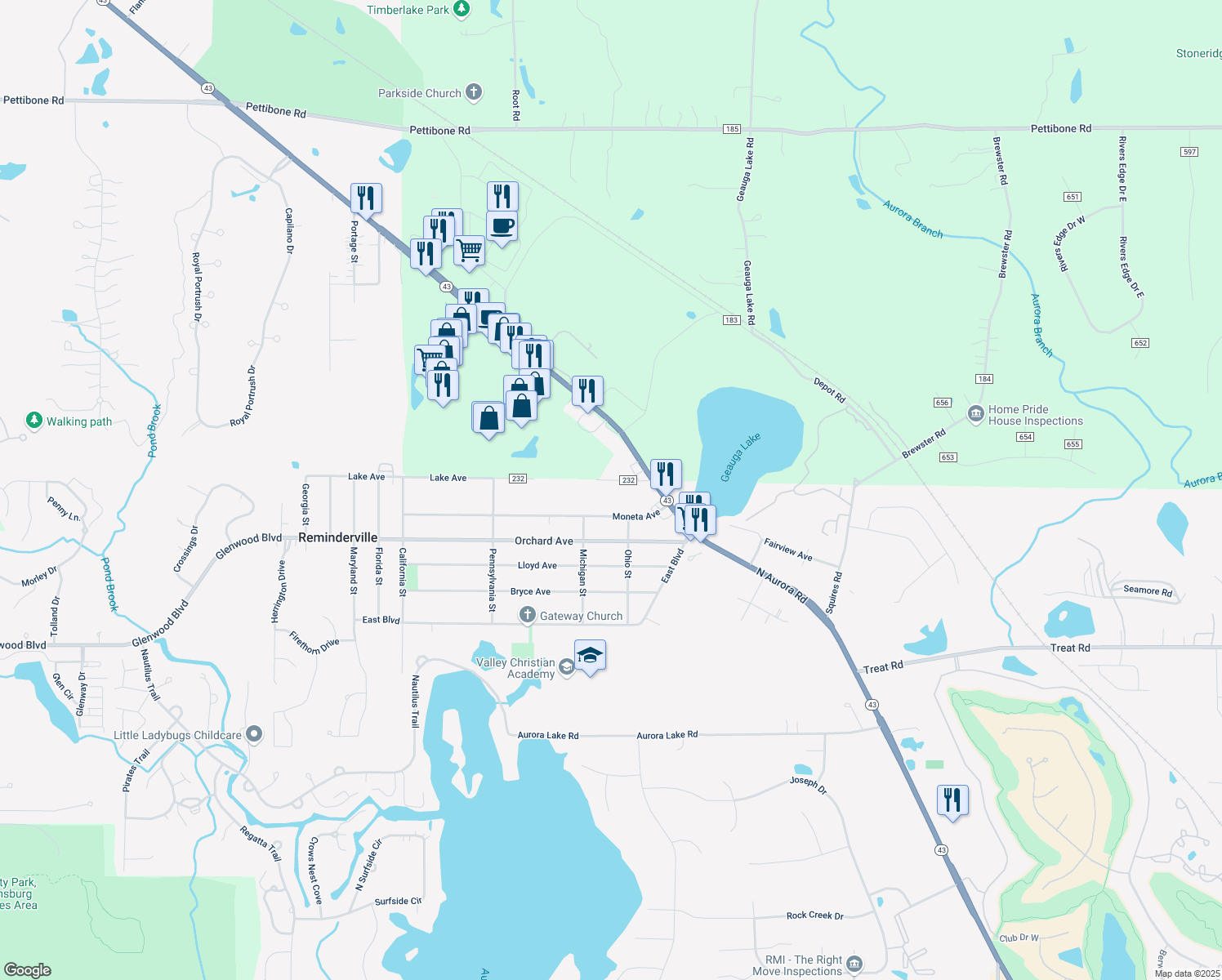 map of restaurants, bars, coffee shops, grocery stores, and more near 965 Lake Avenue in Aurora