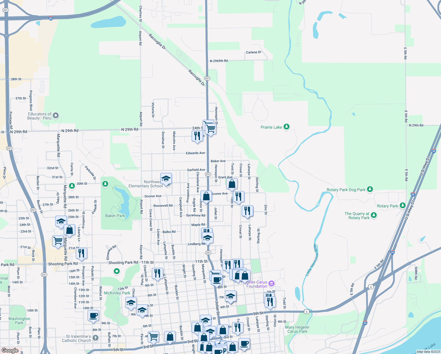 map of restaurants, bars, coffee shops, grocery stores, and more near 901 Grant Avenue in LaSalle