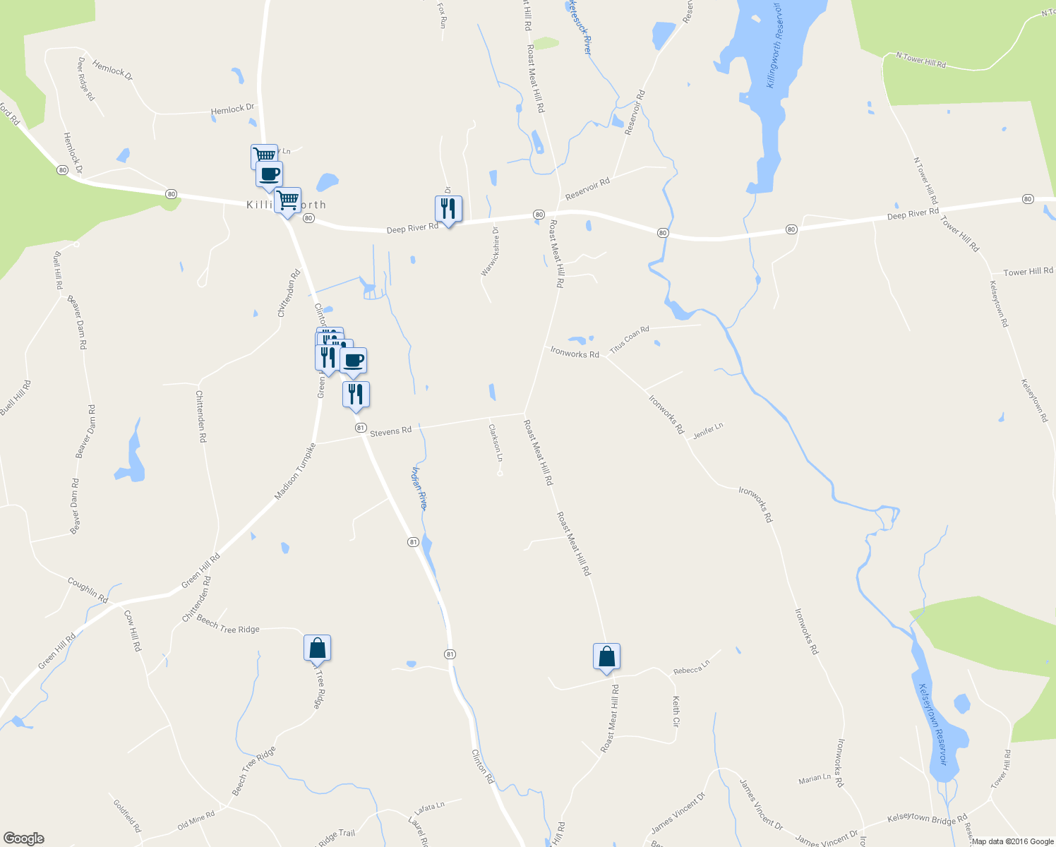 map of restaurants, bars, coffee shops, grocery stores, and more near 164 Roast Meat Hill Rd in Killingworth