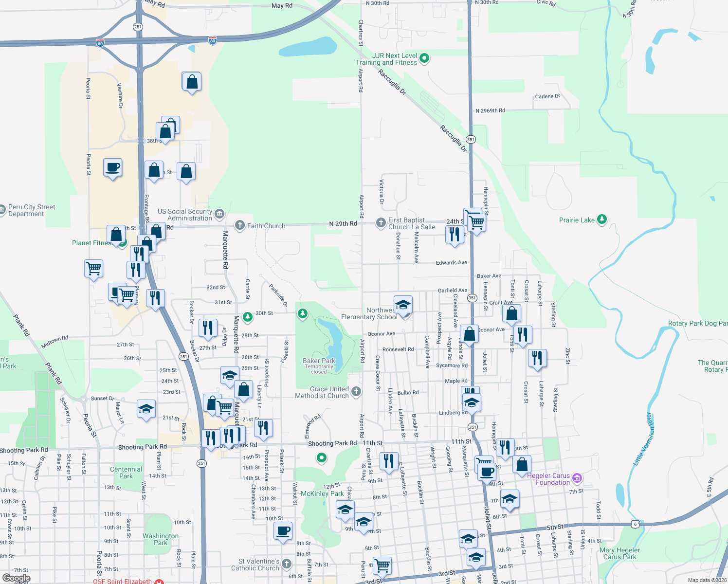 map of restaurants, bars, coffee shops, grocery stores, and more near 105 Garfield Avenue in LaSalle