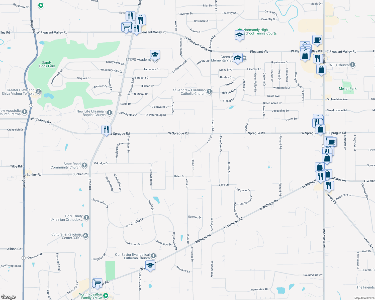 map of restaurants, bars, coffee shops, grocery stores, and more near 3232 Perl Court in North Royalton