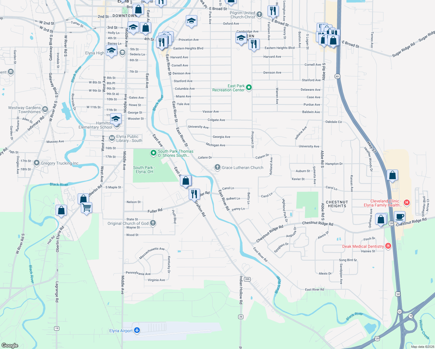 map of restaurants, bars, coffee shops, grocery stores, and more near 9705 E River Rd in Elyria
