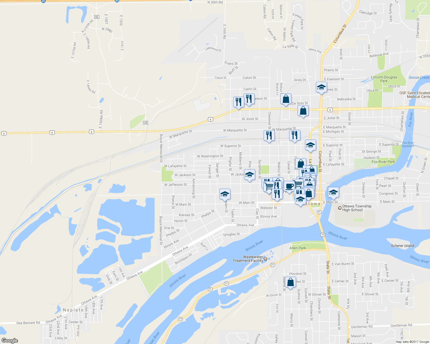 map of restaurants, bars, coffee shops, grocery stores, and more near 1208 West Jackson Street in Ottawa