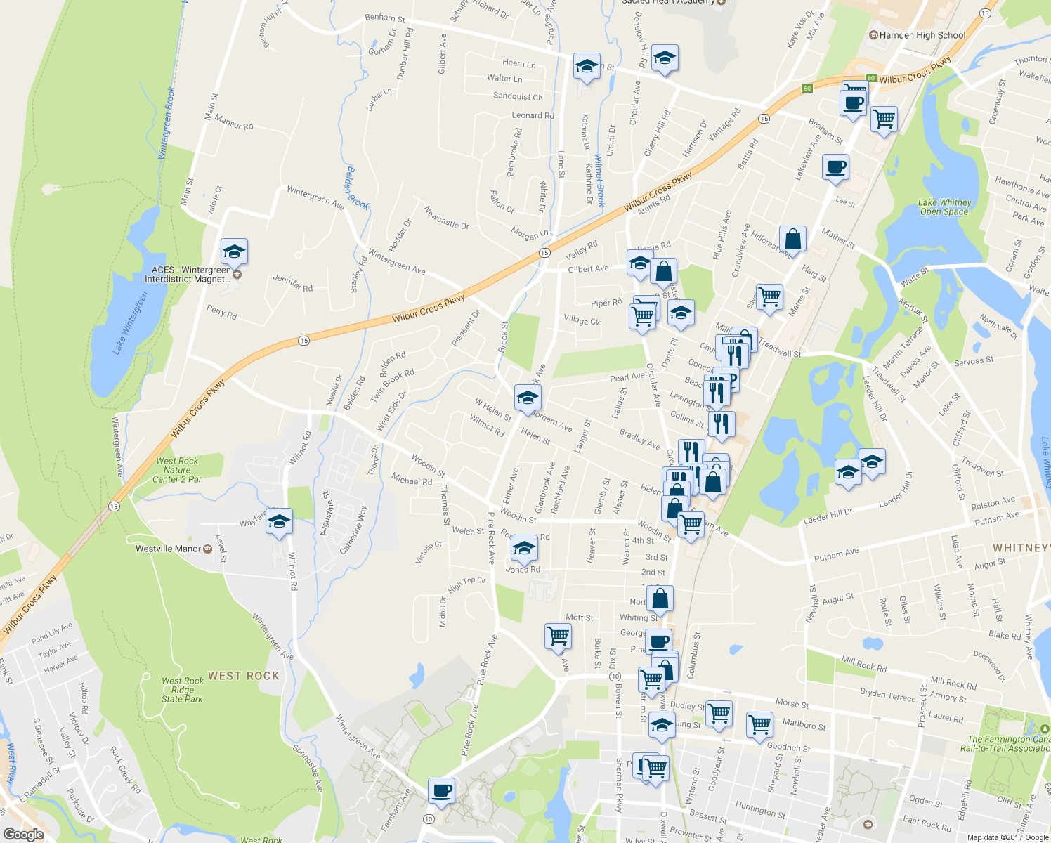 map of restaurants, bars, coffee shops, grocery stores, and more near 285 Helen Street in Hamden