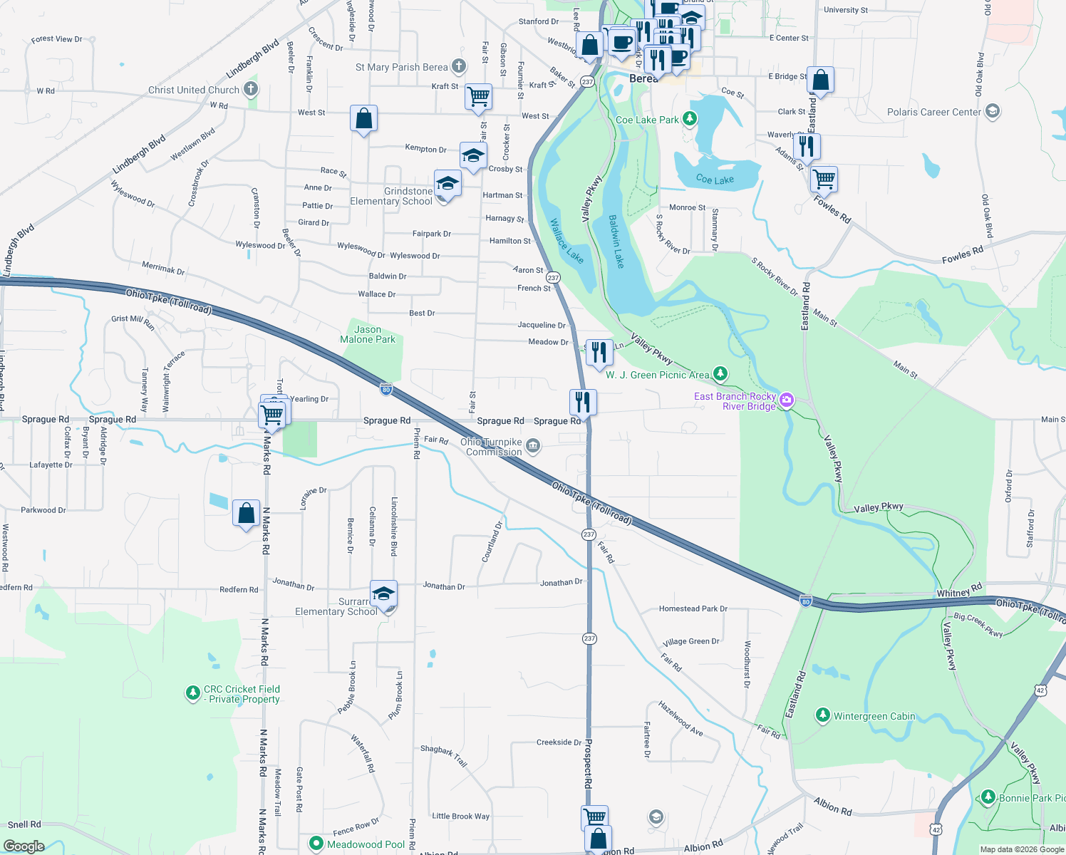 map of restaurants, bars, coffee shops, grocery stores, and more near 87 Sprague Road in Berea