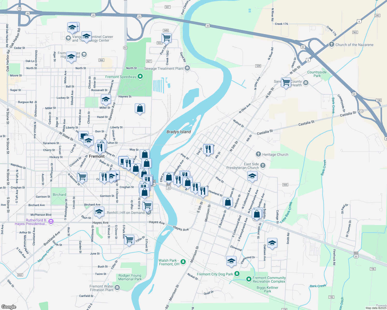 map of restaurants, bars, coffee shops, grocery stores, and more near 418 2nd Street in Fremont