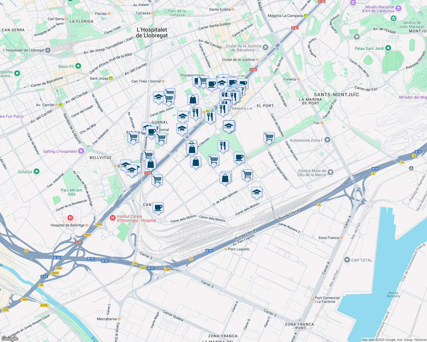 map of restaurants, bars, coffee shops, grocery stores, and more near 31 Local 1 Carrer de Montserrat Roig in L'Hospitalet de Llobregat