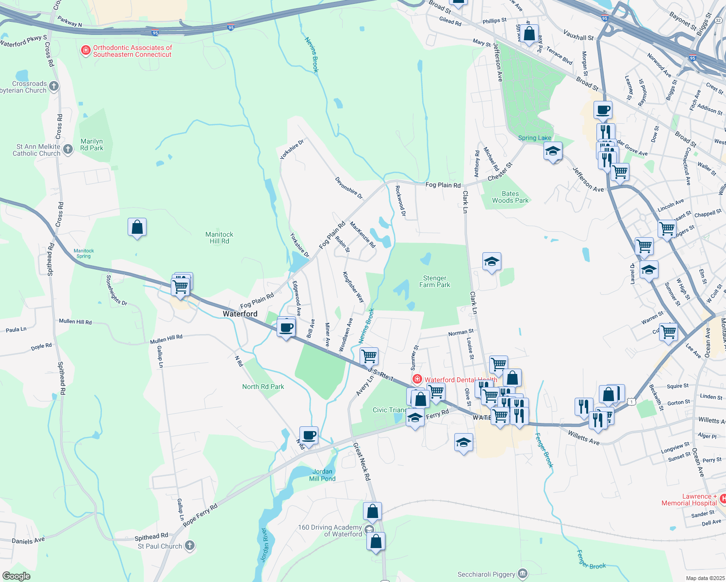 map of restaurants, bars, coffee shops, grocery stores, and more near 19 Kingfisher Way in Waterford