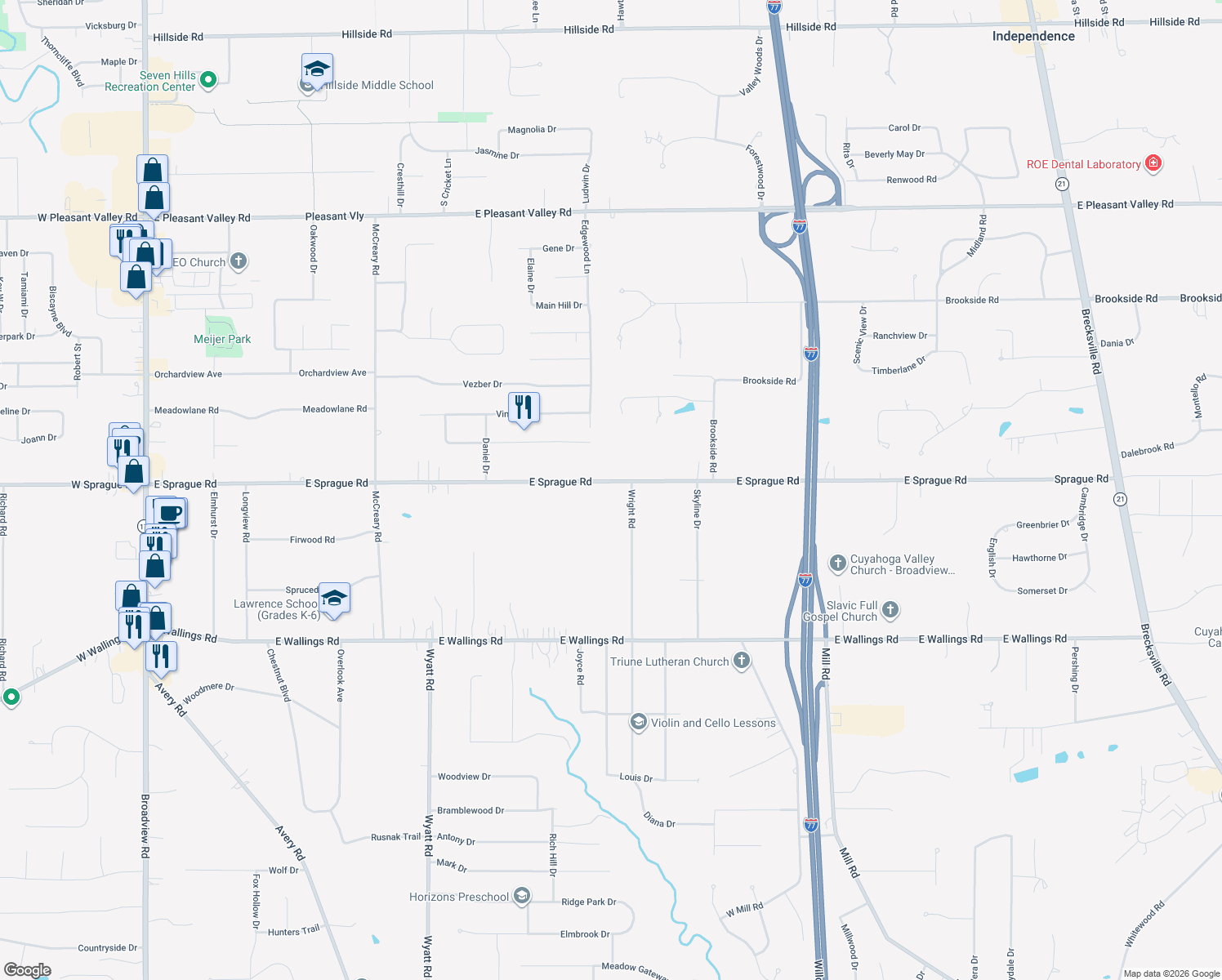 map of restaurants, bars, coffee shops, grocery stores, and more near 3702 East Sprague Road in Broadview Heights