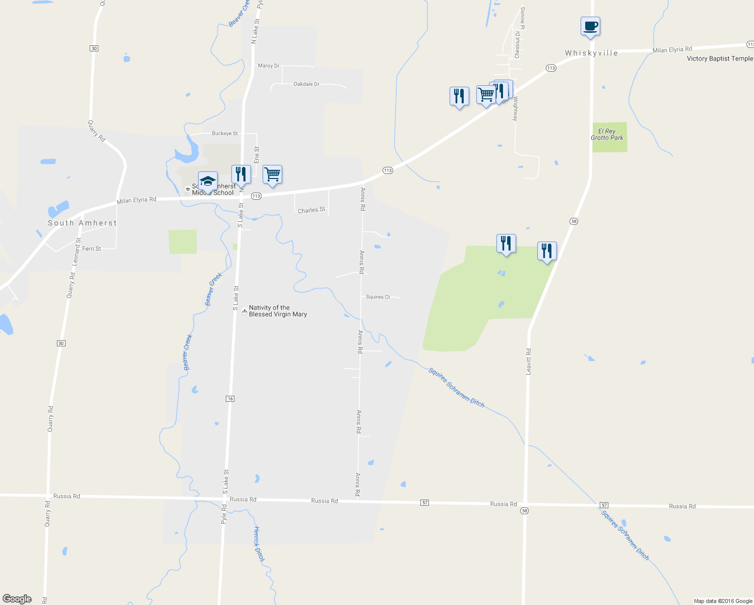 map of restaurants, bars, coffee shops, grocery stores, and more near 103 Squires Ct in South Amherst