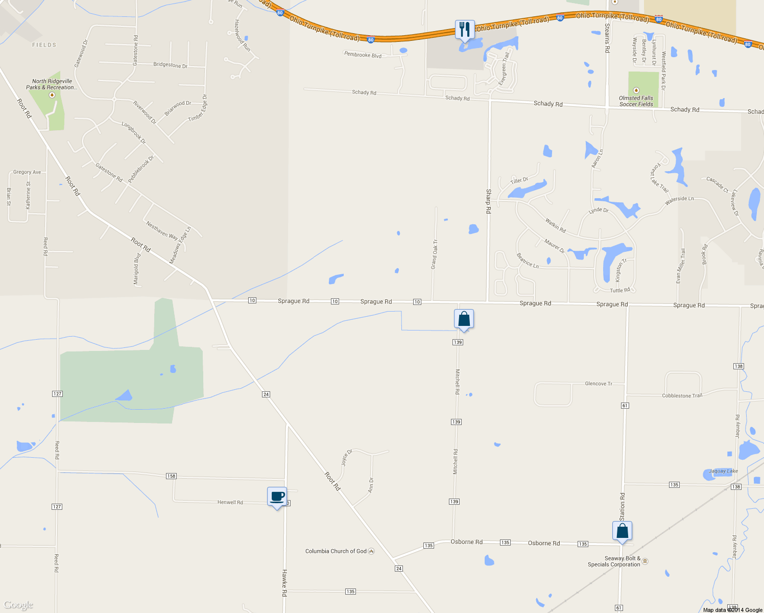 map of restaurants, bars, coffee shops, grocery stores, and more near 27569 Sprague Rd in Columbia Station