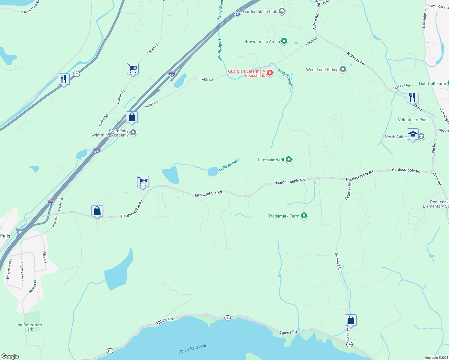 map of restaurants, bars, coffee shops, grocery stores, and more near 258 Hardscrabble Road in North Salem