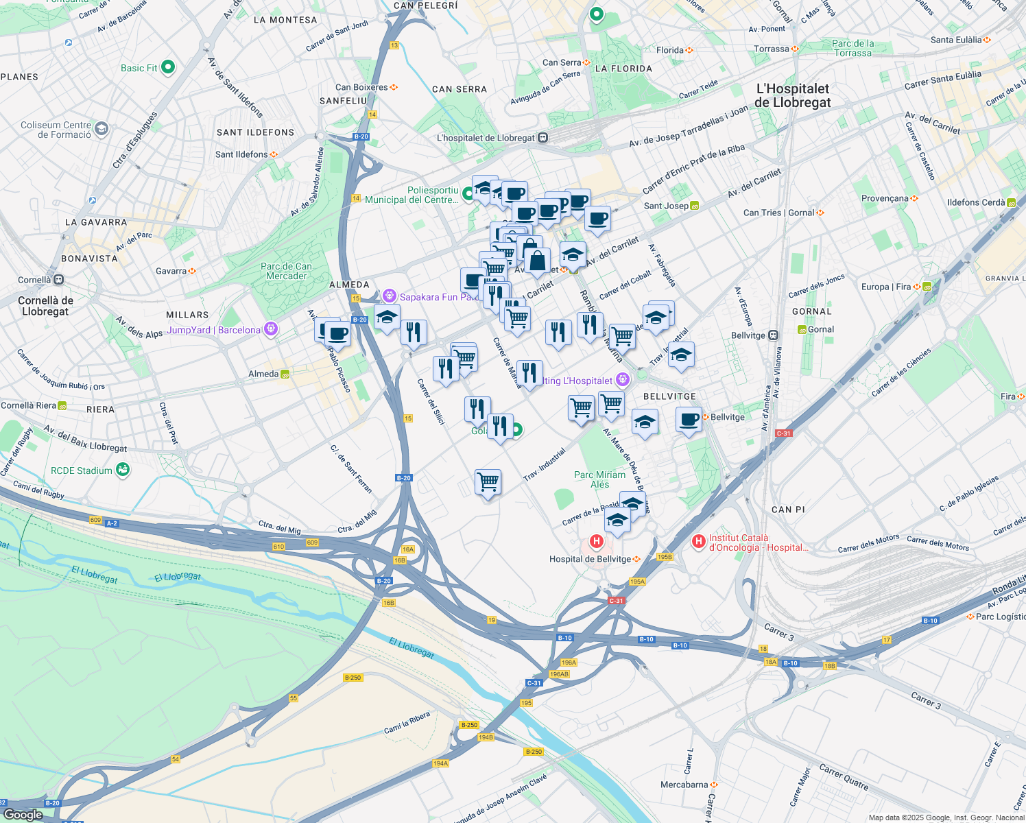 map of restaurants, bars, coffee shops, grocery stores, and more near 219 Carretera del Mig in L'Hospitalet de Llobregat