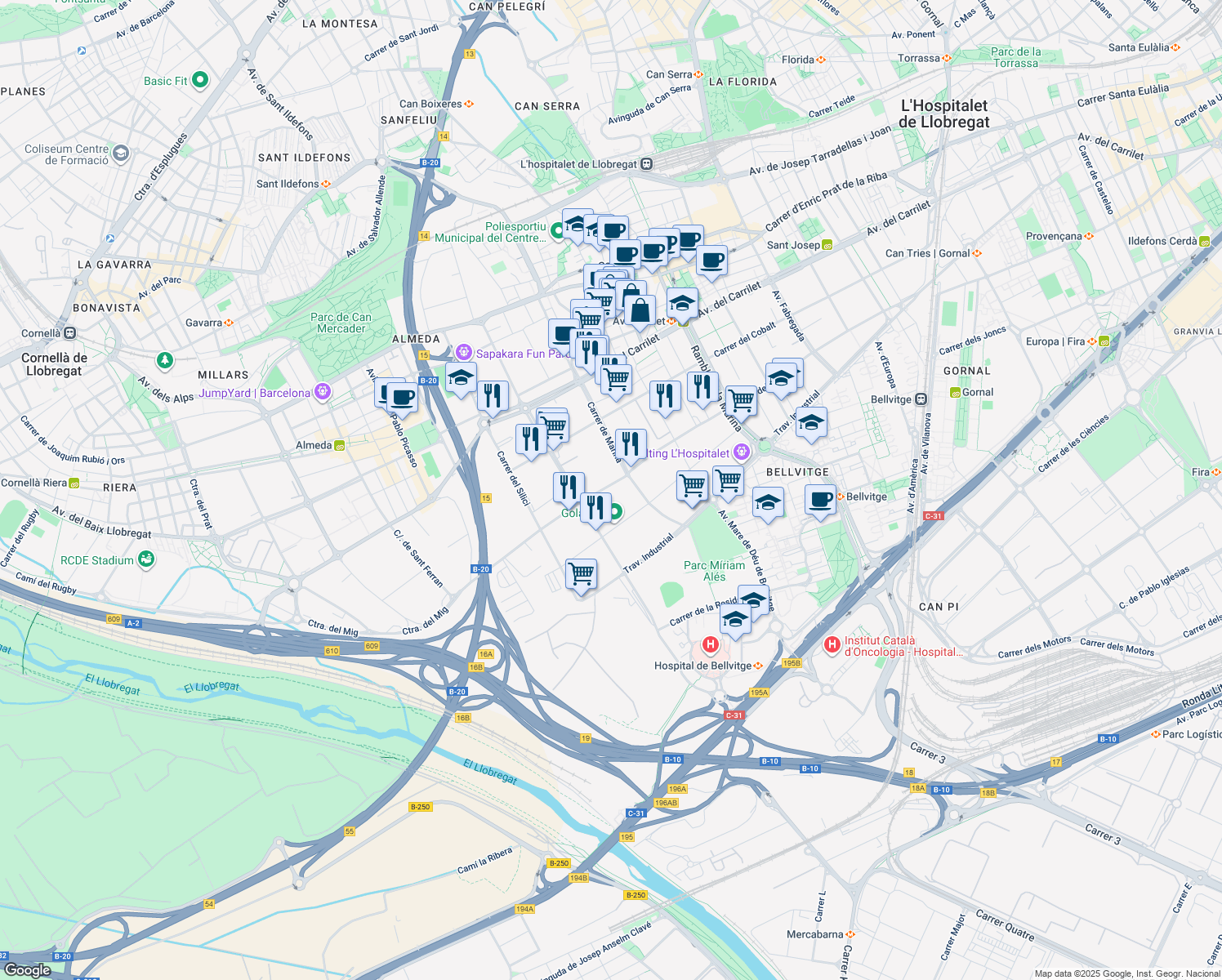 map of restaurants, bars, coffee shops, grocery stores, and more near 219 Carretera del Mig in L'Hospitalet de Llobregat