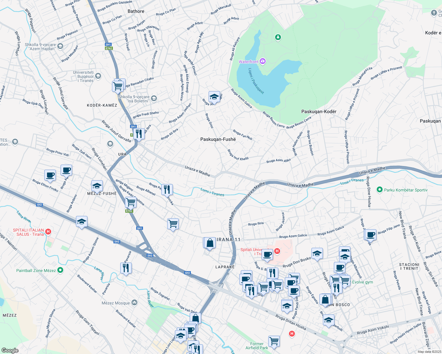 map of restaurants, bars, coffee shops, grocery stores, and more near Rruga Donika Kastrioti in Tirana