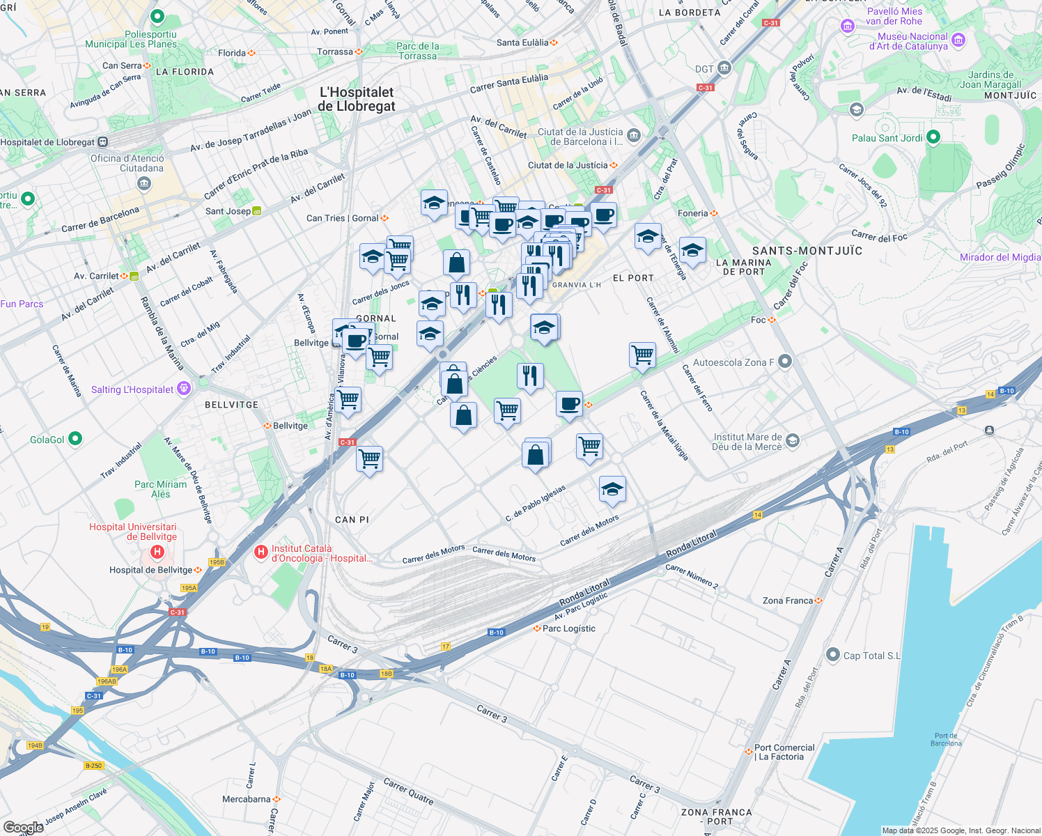 map of restaurants, bars, coffee shops, grocery stores, and more near 22 Calle de Montserrat Roig in L'Hospitalet de Llobregat