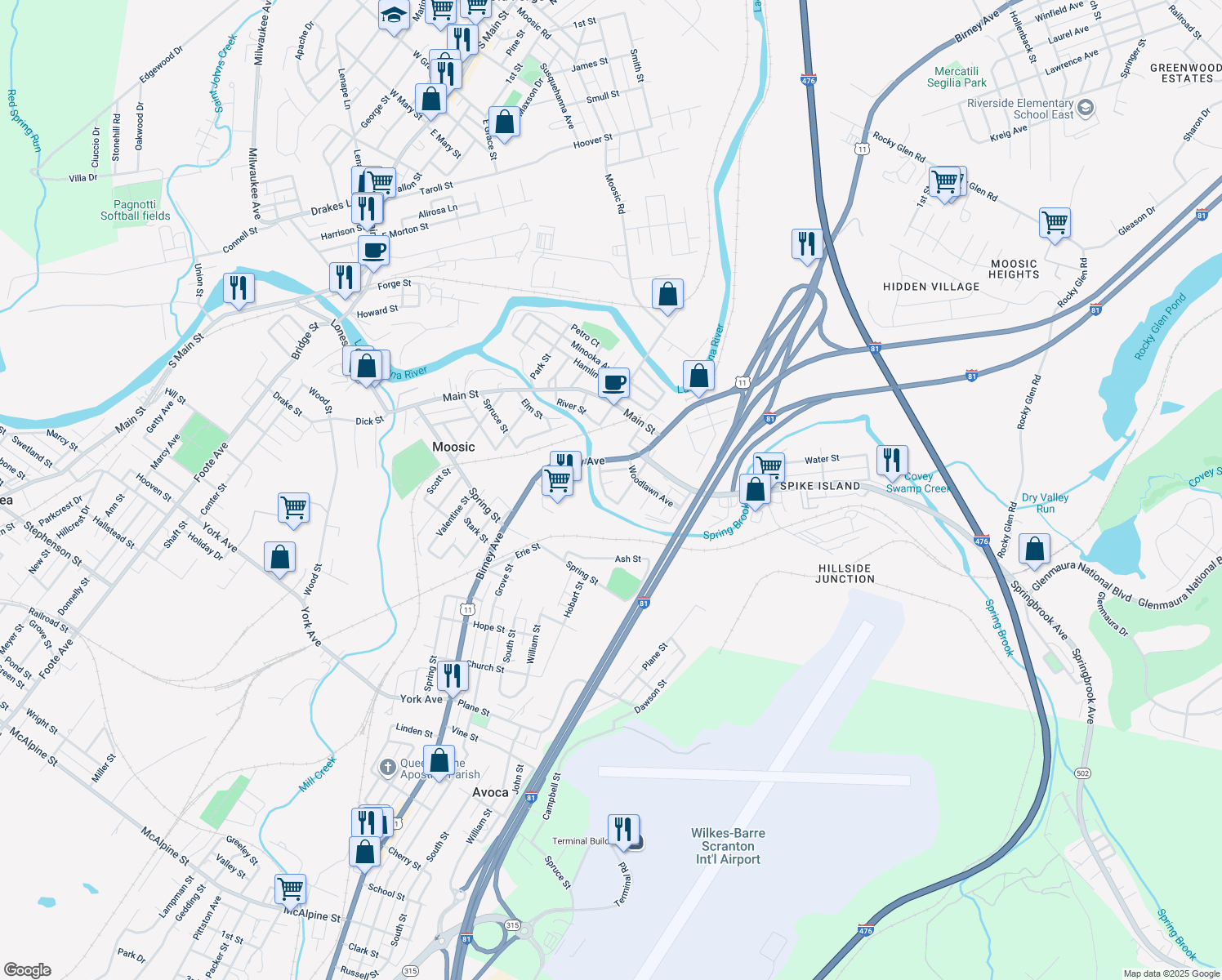 map of restaurants, bars, coffee shops, grocery stores, and more near 711 Edgebrook Dr in Moosic