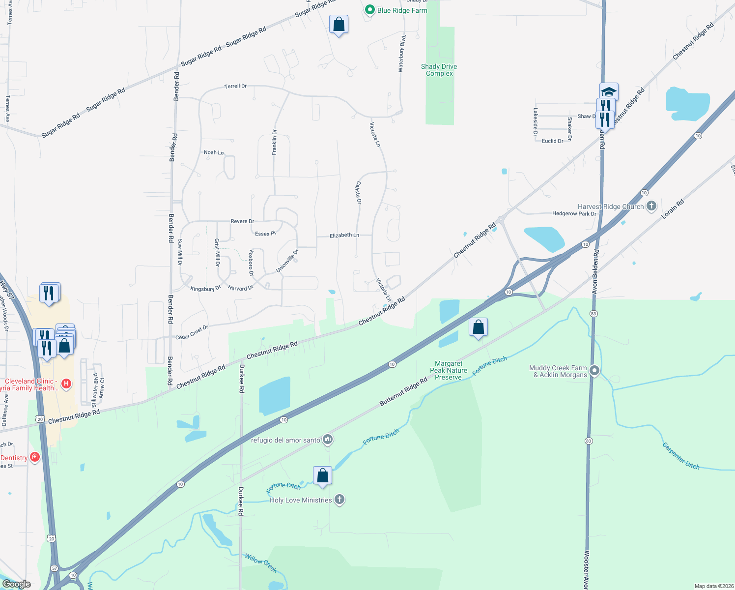 map of restaurants, bars, coffee shops, grocery stores, and more near 9375 Saybrook Drive in North Ridgeville