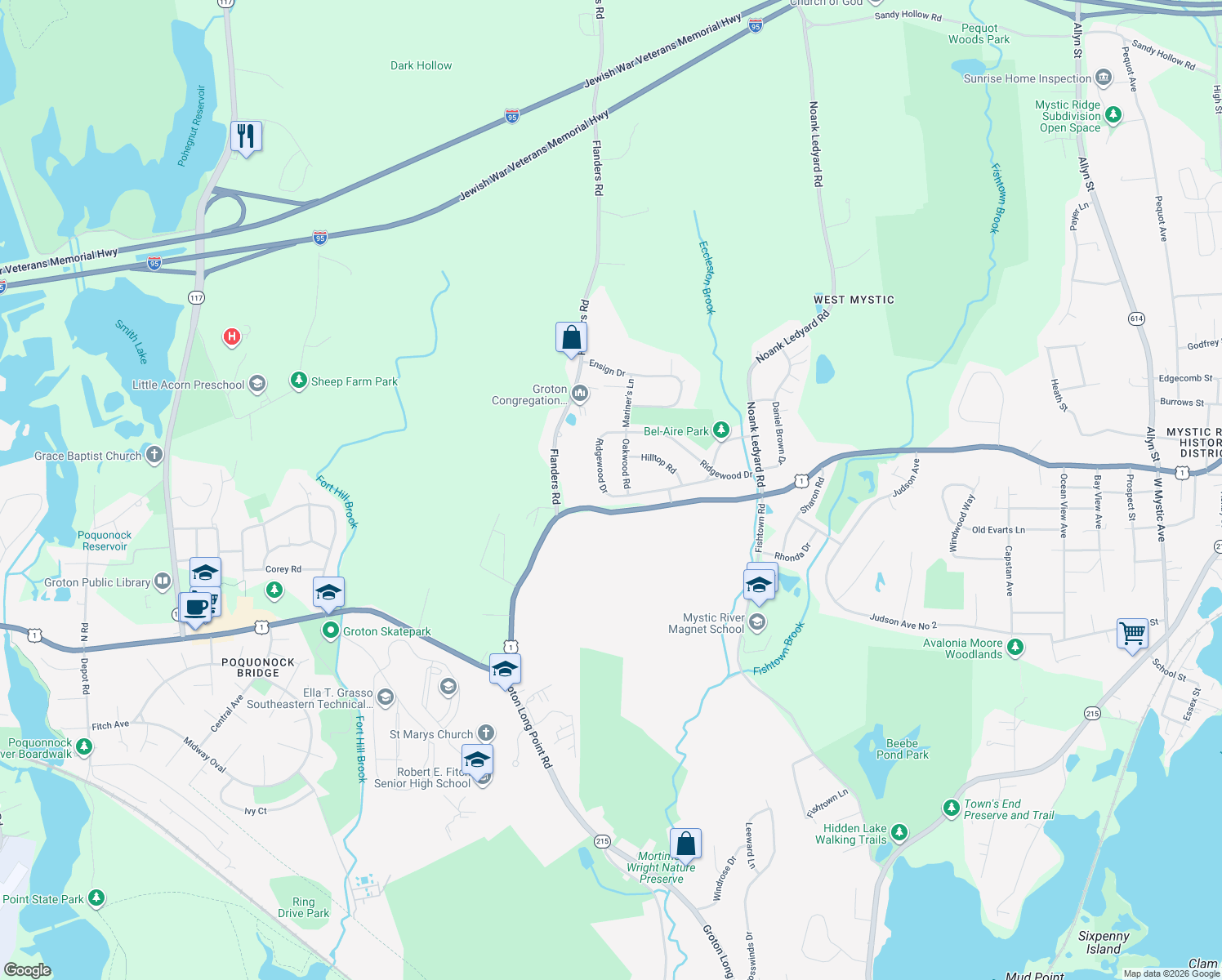 map of restaurants, bars, coffee shops, grocery stores, and more near 342 Ridgewood Drive in Groton